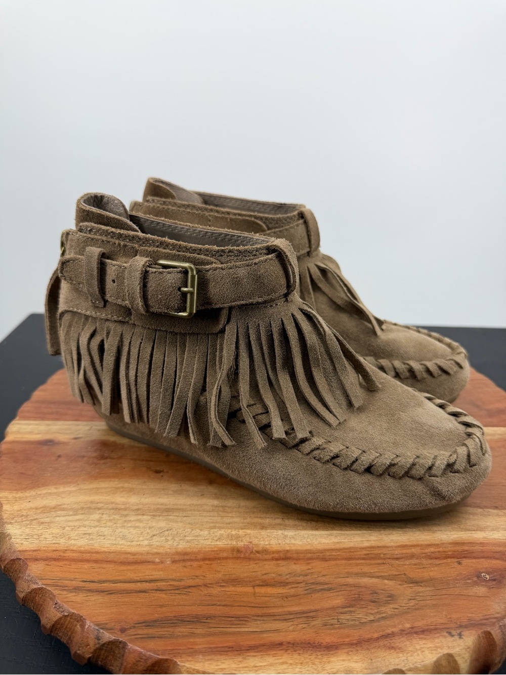 ASH beige taupe suede fringe festival booties wedged‎ 37 6.5